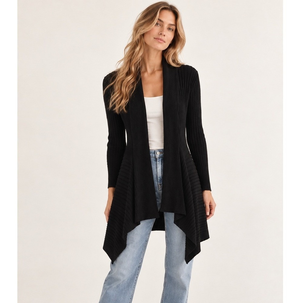 Cabi Duster Sweetheart Cardigan Small Black Waterfall Lagenlook Witchy 3164
